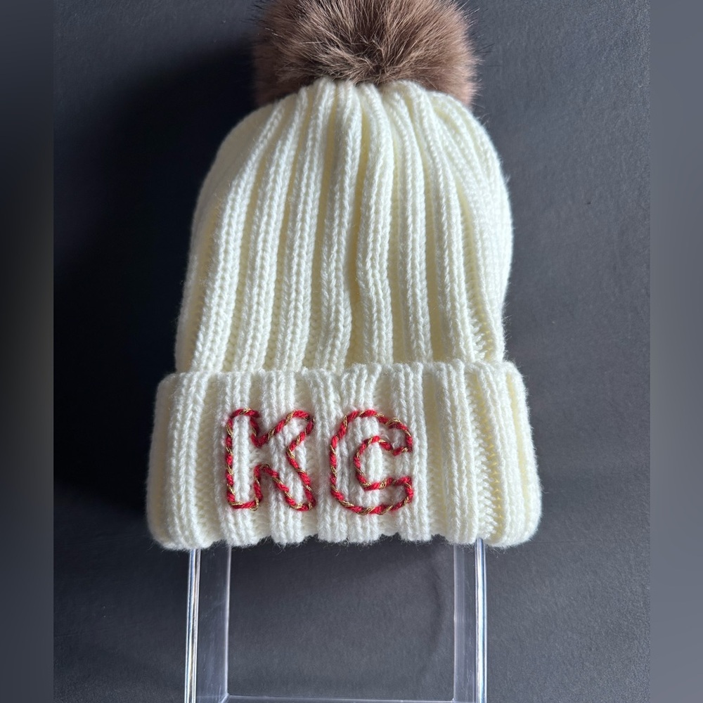 KC hand embroidered cream knitted beanie- adult size